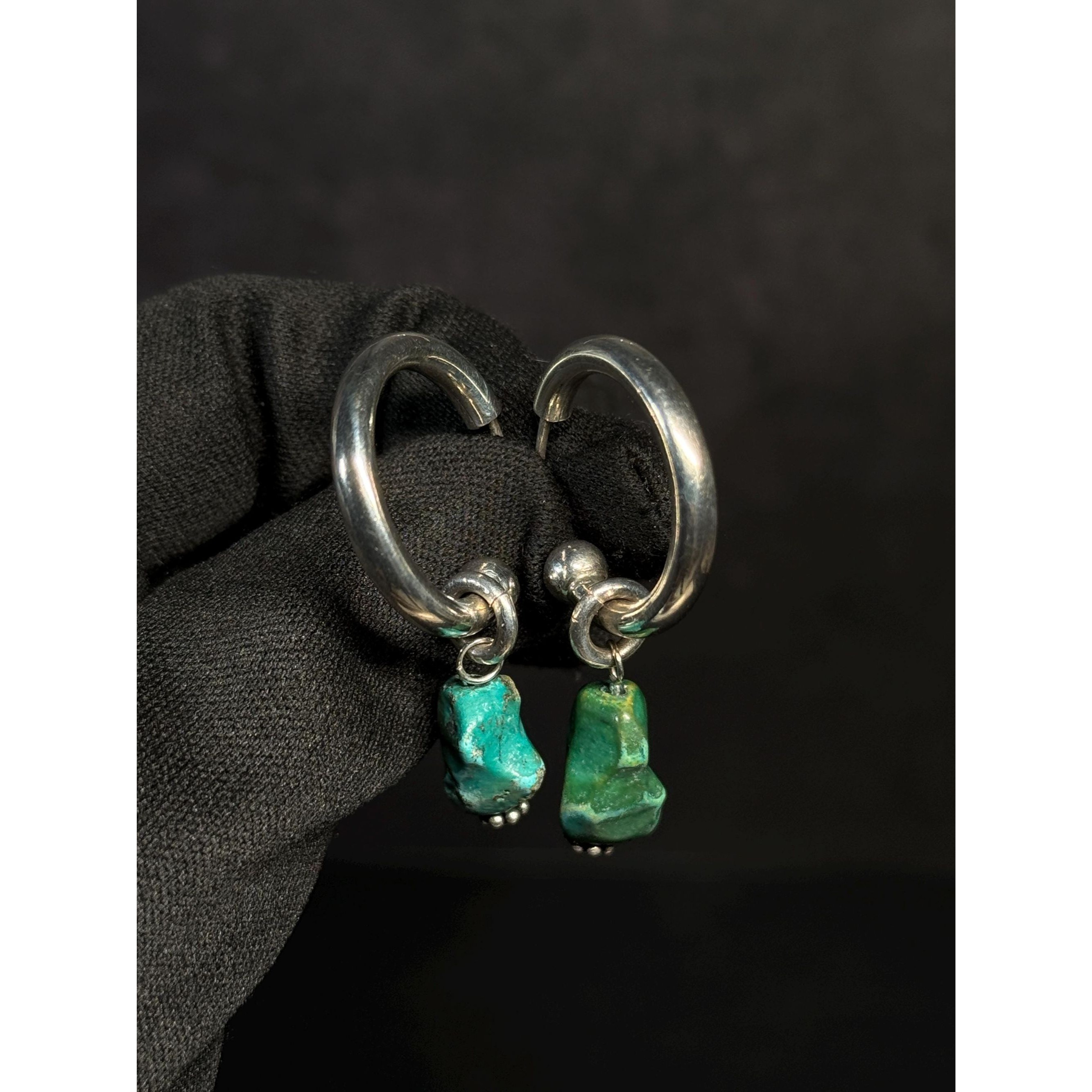 Sterling Silver Turquoise Dangle Charm Hoop Earrings Natural Greened Turquoise
